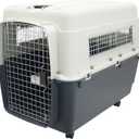 SportPet Airline Compliant XX-LARGE 39" Travel Dog Kennel-Durable Plastic Airline Pet Carrier w/ Removable Wheels & Food Bowls, Collapsible Indoor/Outdoor Dog Kennel, Dogs up to 36"L & 27"H-Cream/Gray