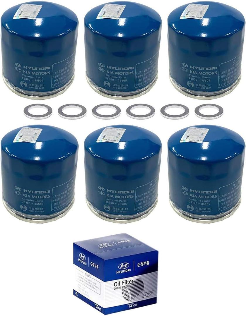 Genuine OEM Oil Filter 26300-35505/2630035505 Compatible for Hyundai, Kia 1997-2023, Made in Korea (6 Pack with Washers)