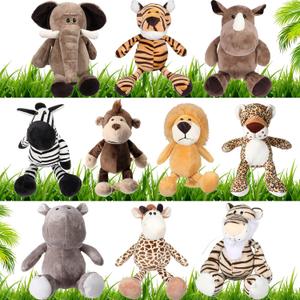HyDren 10 Pcs Safari Stuffed Animals Plush Jungle Animal Toys for Girls Boys, Elephant Giraffe Lion Tiger Monkey Rhinoceros Zebra White Tiger Leopard Hippo for School Achievement Award
