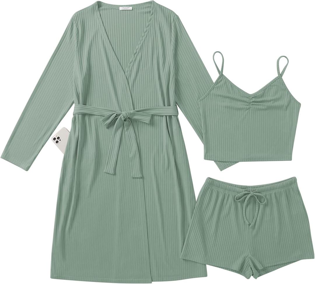 Ekouaer Rib Knit Pajamas Set for Women 3 Piece Lounge Sets Soft Cami and Shorts Pjs with Cardigan Loungewear S-XXL (S)
