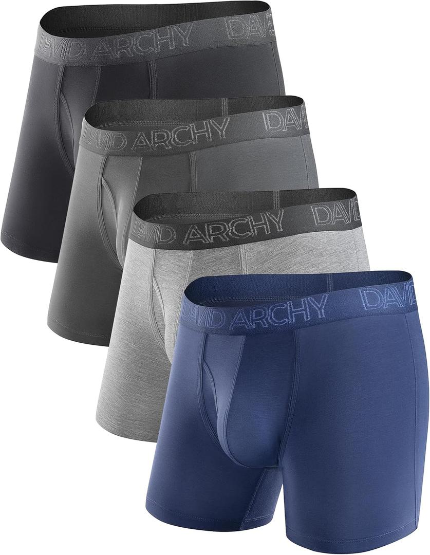 DAVID ARCHY Mens Underwear Boxer Briefs Breathable Soft Moisture-Wicking with Fly Underwear for Men Multipack (A2, 5.5'', Navy Blue/Gray/Black/Dark Gray, 4 Pack)
