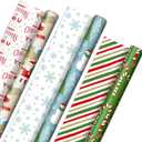 Hallmark Reversible Christmas Wrapping Paper (3 Rolls: 120 sq. ft. ttl) Rustic Santa, Papercraft Snowmen, Candy Canes, Stripes, Snowflakes, "Merry Christmas to You"
