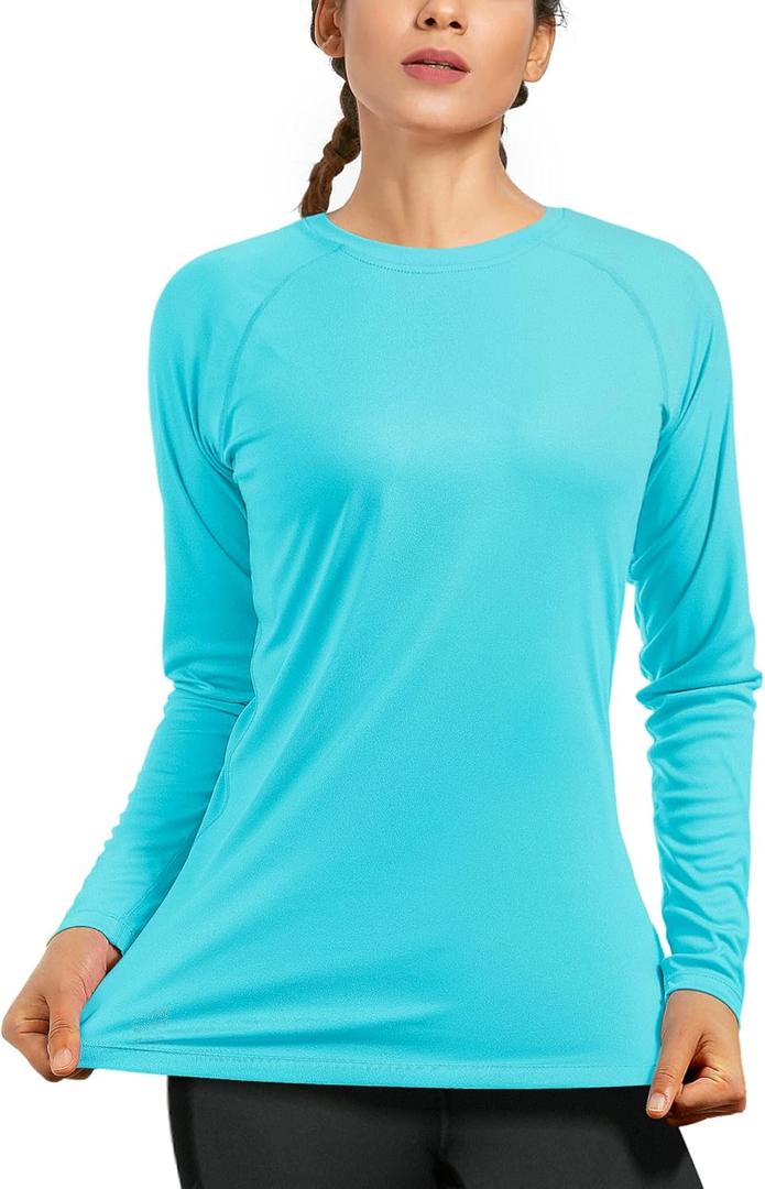 isnowood Women's Sun Protection Long Sleeve Shirts, UPF 50+ UV Rash Guard Swim Shirt, Workout Hiking Running Athletic Tops (Large, Blue)