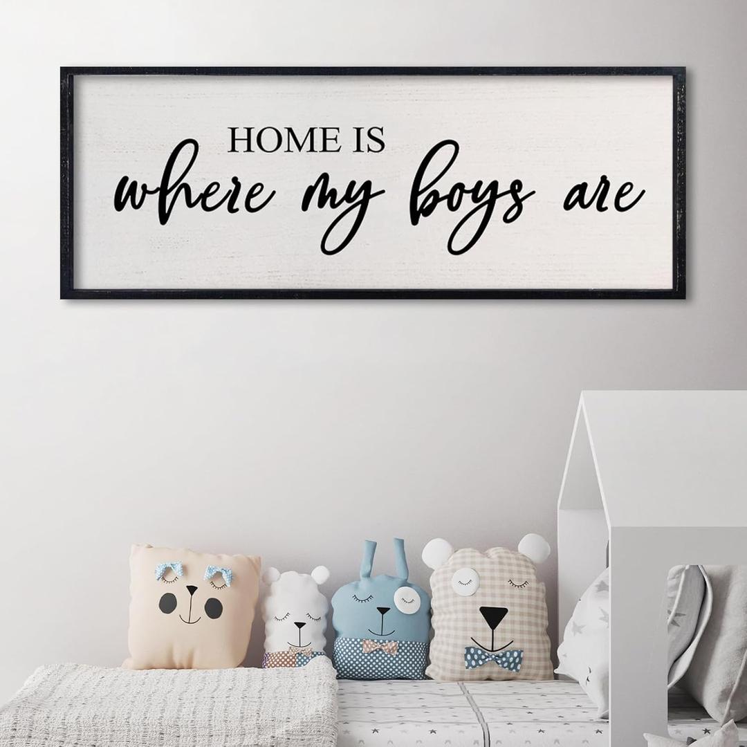comurdyo Home Is Where My Boys Are Family Sign Wall Decor 3212 Inch Home Mom Mothers for boys room Wooden Hanging Art (Black)