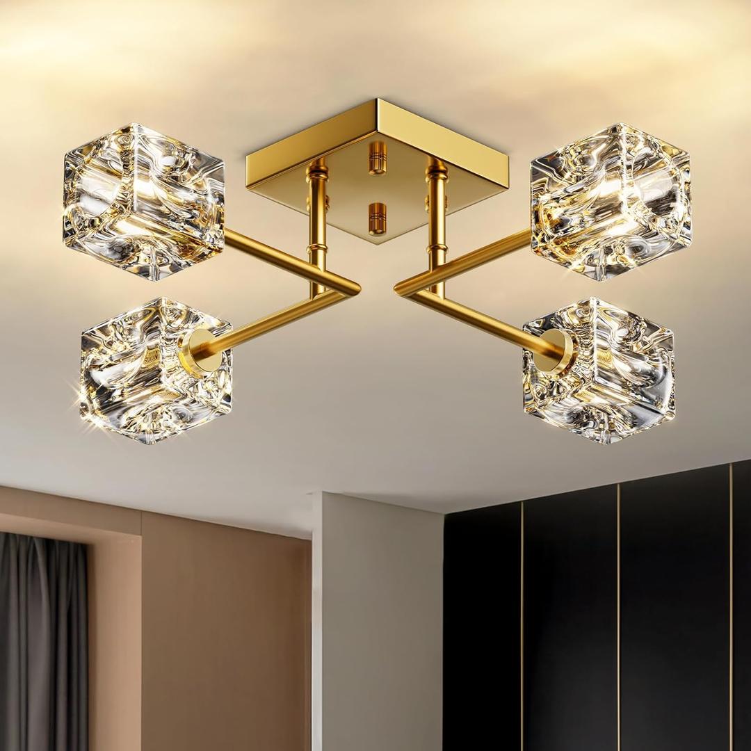 Gold Semi Flush Mount Ceiling Light Fixture, 4-Light Sputnik Ceiling Light with Clear Glass Shades, Modern Glass Ceiling Light for Bedroom, Dining Room, Kitchen, Hallway, Entryway, Foyer, 18.1 x 18.1 x 5.1 inches