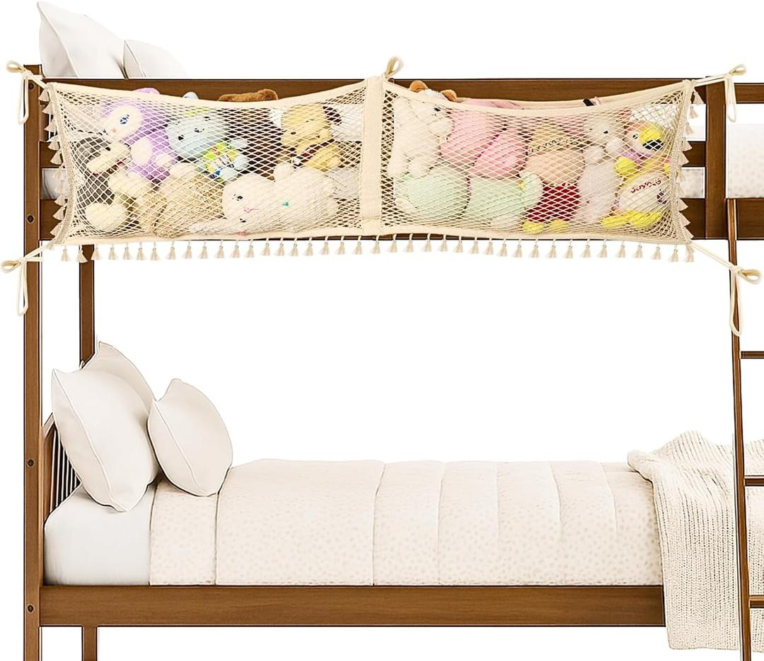 Ofiray-home Stuffed Animal Hammock, Bedside Stuffed Animal Storage Net Corner - Kids Nursery Wall Bedroom Home Decor, Cotton Bedside Toy Organizer Net with Tether, Stretches up to 47.25 In, Beige