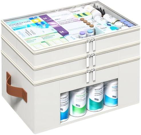 ISusaid 3-Tier Medicine Organizer for Cabinet, Foldable Medicine Storage Box with Clear Cover and Leather Handle, Empty First Aid Kit for Home and Travel