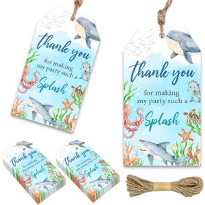 50pcs Under The Sea Thank You Tags Watercolor Ocean Animal Gift Tag with String Shark Thank You Paper Tags Blue Thank You Hanging Tags for Boy Birthday Party Ocean World Party Supplies