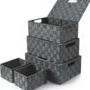 Uvellgift Storage Bins with Lids, Woven Storage Box Organizer Containers Decorative Baskets Cube for Clothes Bedroom Closet Office (5 Pack, Grey)