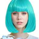 Wig and Sunglasses 12 Inch Short Bob Wigs with Bangs for Women Costume Cosplay Party (Turquoise)