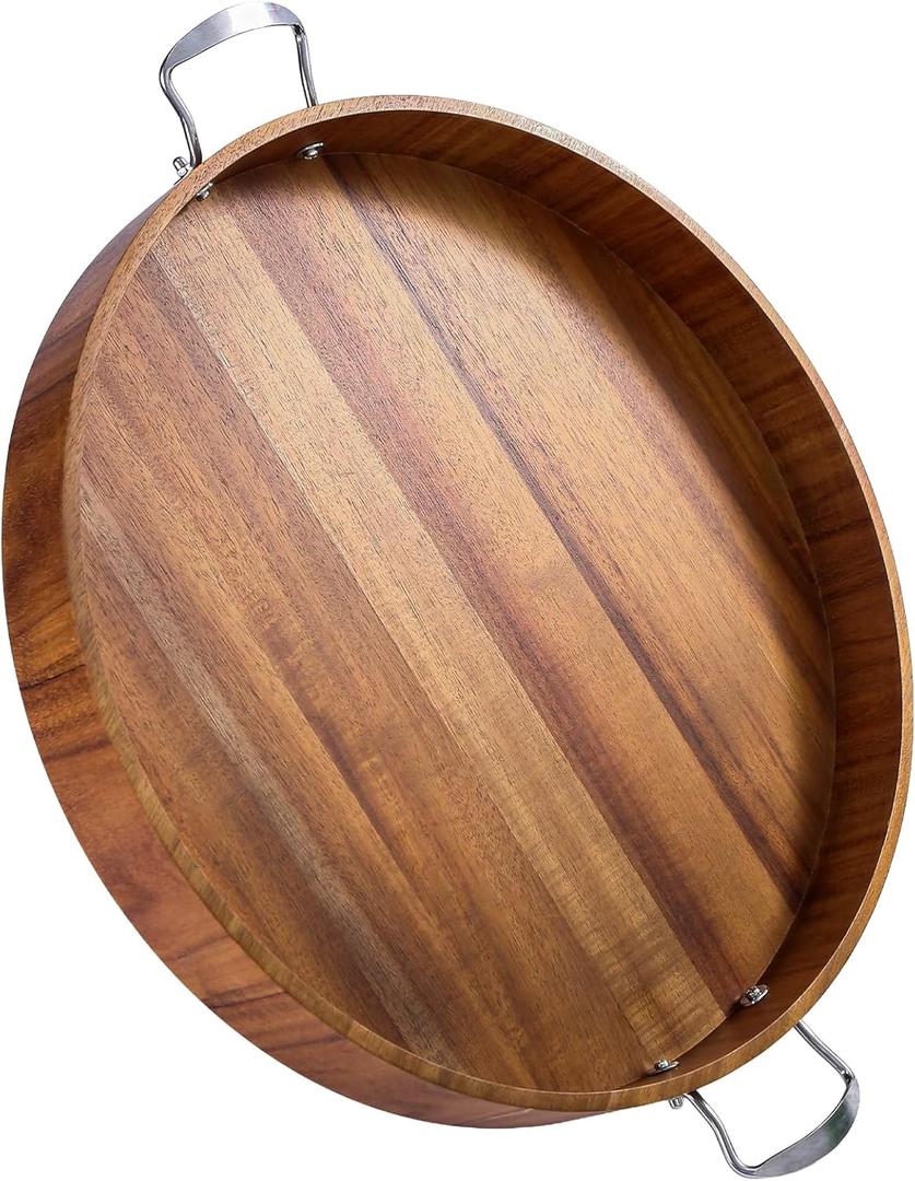Large Round Tray 20" Round Wooden Tray Ottoman Tray with Handles Elegance and Easy to Pick Up, Tray for Ottoman Wood Serving Tray Decorative Trays for Daily Use and Party with Friends and Family