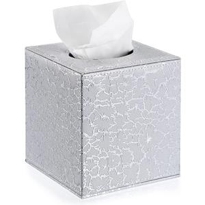 Sumnacon Square Leather Tissue Box Cover - Stylish Cube Tissue Box Holder with Magnetic Bottom, Decorative PU Tissue Box for Vanity Dresser Night Stand Table Countertop Home Office Car, Silver