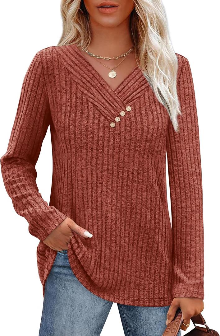SAMPEEL Sweaters for Women Long Sleeve Shirts V Neck Tops with Buttons Fall Fashion Outfits Winter Clothing 2025 (Brown, L)