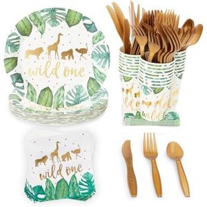 144 Piece Wild One Party Supplies for First Birthday Decorations with Safari Plates, Napkins, Cups, and Cutlery (Serves 24)