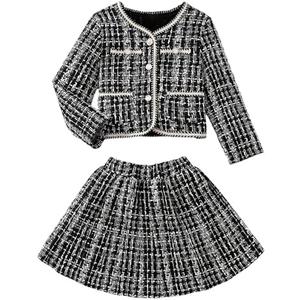 WDIRARA Girl's Tweed Plaid 2 Piece Outfit Long Sleeve Button Up Jacket A Line Skirt Set, Size 6Y