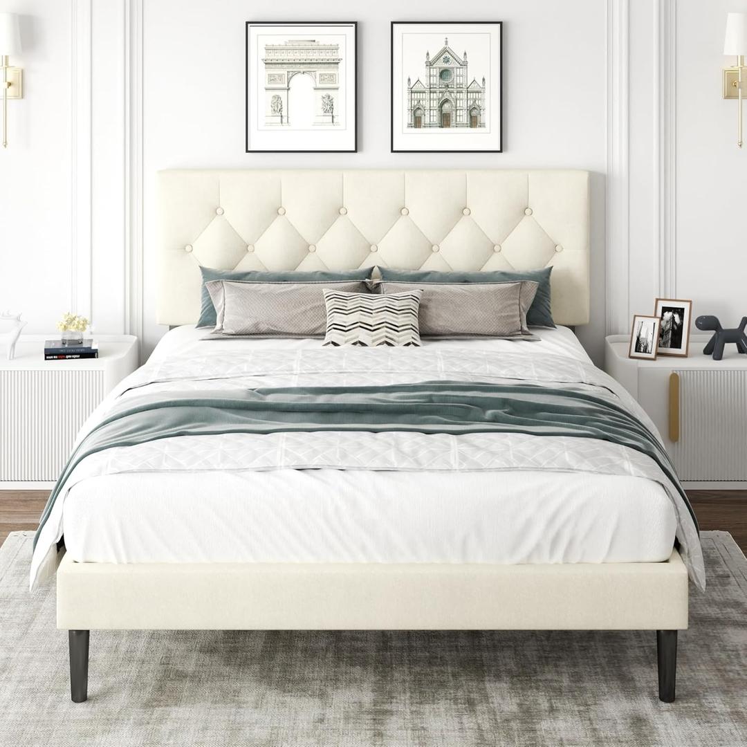 Queen Size Platform Bed Frame with Upholstered Headboard, Button Tufted Design, Strong Wooden Slats, No Box Spring Needed, Easy Assembly, Noise Free (Beige)