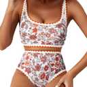 Herseas Women's Bikini Sets Floral Print Whip Stitch 2 Piece Swimsuits High Waisted Scoop Bathing Suits, Large