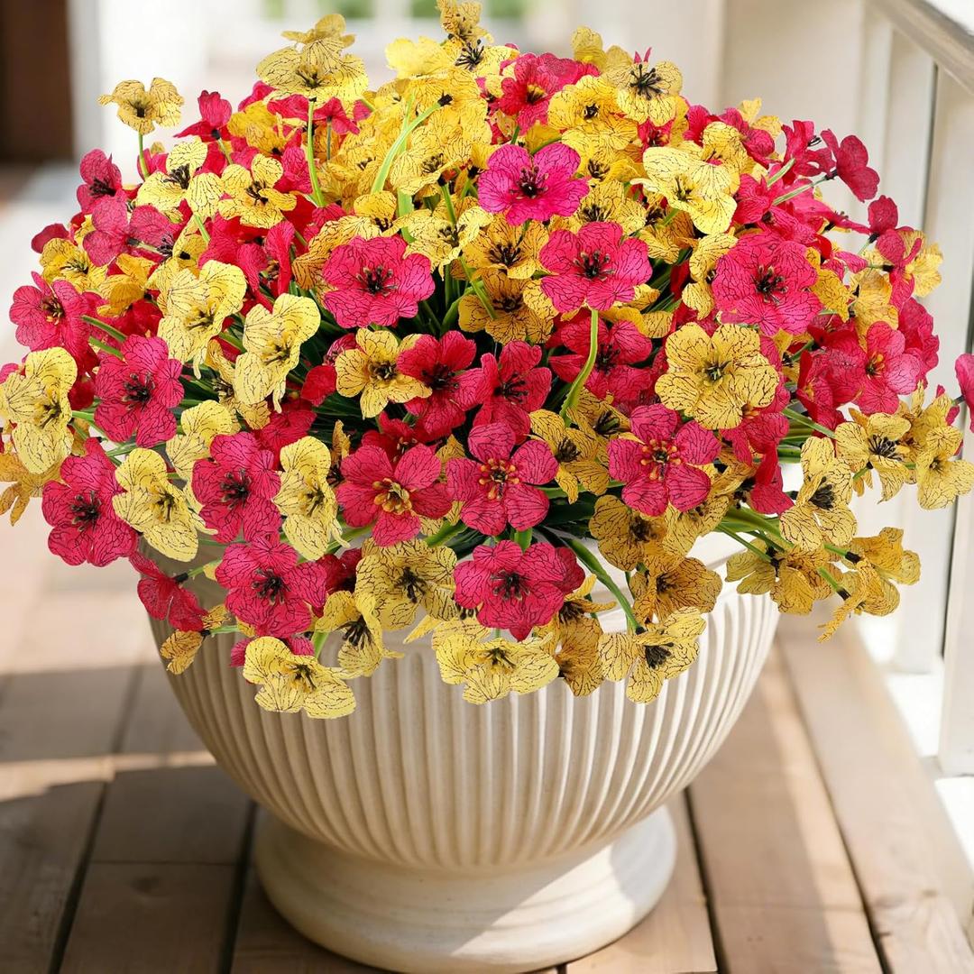 Geegoods Artificial Flowers for Outdoors, 16 Bundles UV Resistant Fake Plastic Flowers in Rose Red and Yellow, Faux Spring Summer Flowers for Porch Patio Garden Planters Window Boxes