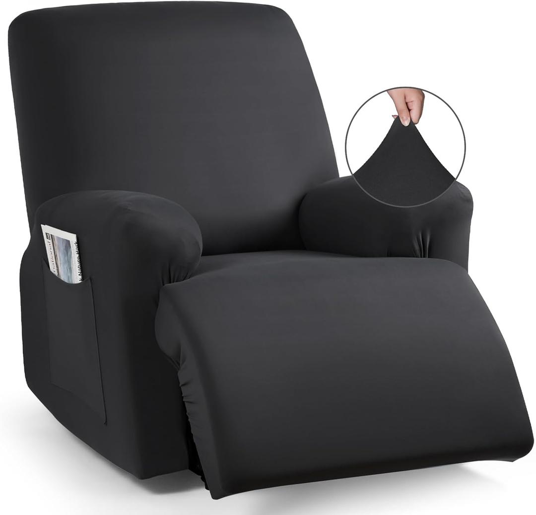 TAOCOCO Oversized Recliner Chair Covers 4-Pieces, Stretch Recliner Cover for Large Recliner Washable Reclining Chair Cover Polyester Soft Fabric Furniture Protector (Oversized Recliner, Black)