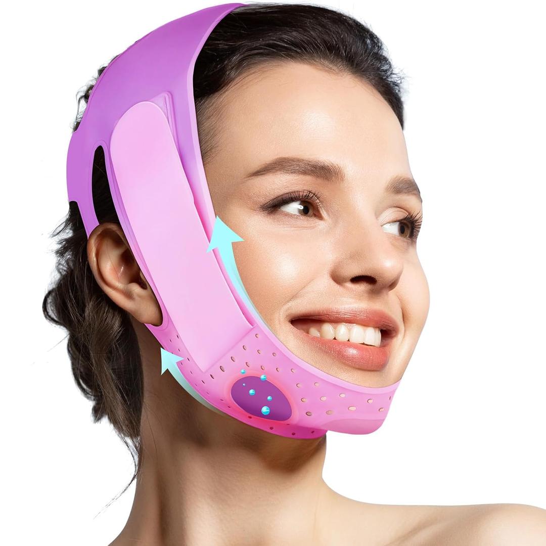 JUSRON V-Line Mask Chin Up Mask Face Strap, Soft Silicone Chin Strap V Shaped Face Mask, Jaw Exerciser 23-27 Inches (Cherry Pink)