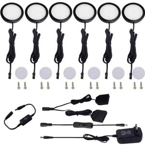 AIBOO Under Cabinet LED Black Cover Puck Lighting Kit with Touch Dimmer Switch for Kitchen Cupboard Closet Lighting (6 Lights,Warm White)