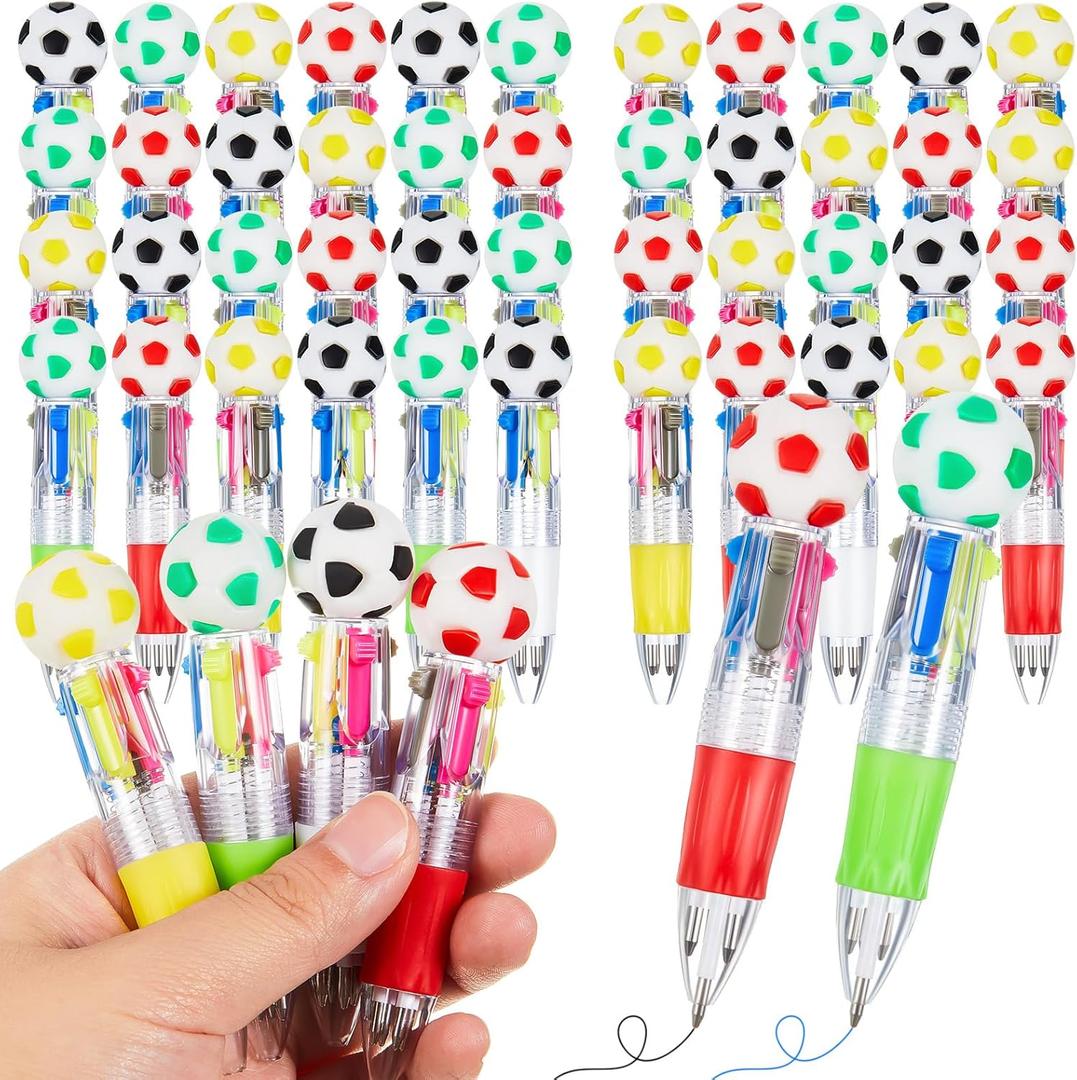 Kosiz 48 Pack Soccer Party Favors Sport Pen Multicolor 4 in 1 0.5mm Ballpoint Pen for Office Sport Lover Novelty Valentine's Day Gifts Goodie Bags Stuffers