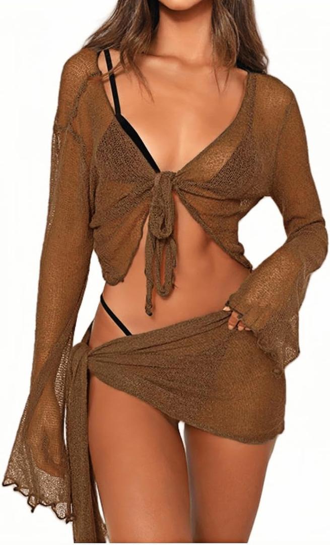 Women's 2 Pieces Outfits Mesh Perspective Suit Swimming Beach Long Sleeve Crop Top and Mini Skirt Set (Brown, S)