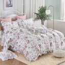 ABREEZE Pink Rose Duvet Cover Set Queen Size Girls Duvet Covers Ruffled Bedding Set Farmhouse Bedding Cotton Bedding Set 3 Pieces
