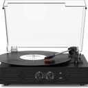 Vinyl Record Player with Built-in Speakers 3-Speed Vintage Record Player Support Treble& Bass Control, 3.5mm Headphone Jack, RCA-Out/ Aux in, Belt-Driven LP Turntable, Black Wood