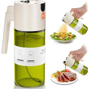 OURCABECUE Upgrade 2 in 1 Oil Sprayer for Cooking, 17oz Light-Blocking Glass Olive Oil Dispenser Bottle for Kitchen, Food-Grade Oil Mister with 8 Stickers for Salad, Frying (Green Bottle-White Gap)