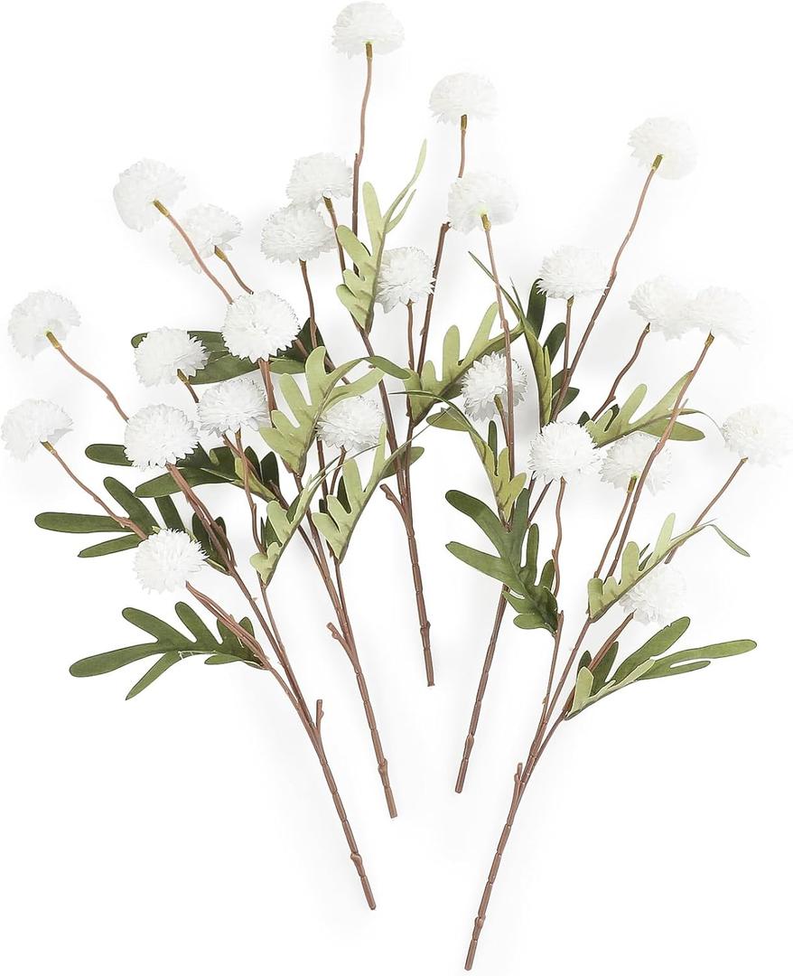 Floroom 5pcs Faux Silk Pompon Mum Artificial Flowers, Bulk Fake Mini Chrysanthemums with Stems for DIY Bouquet Centerpieces Wedding Fillers Arrangements Shower Decorations, White
