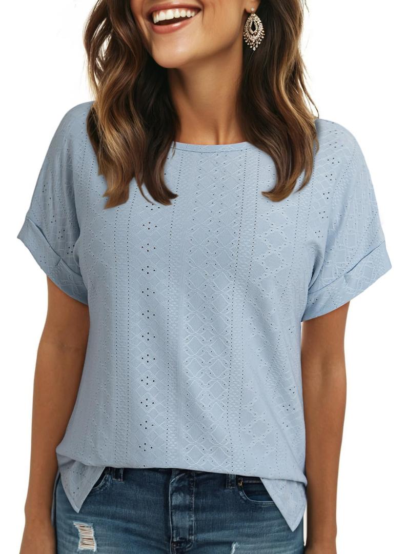 Dokotoo Women's Short Sleeve Shirts Dressy Casual 2026 Cute Crew Neck Loose Fit Summer Tops Hollow Out Lace Embroidered Fall Blouses Shirts Business Outfits Ladies Tops (Beau Blue,XX-Large) (XXL)