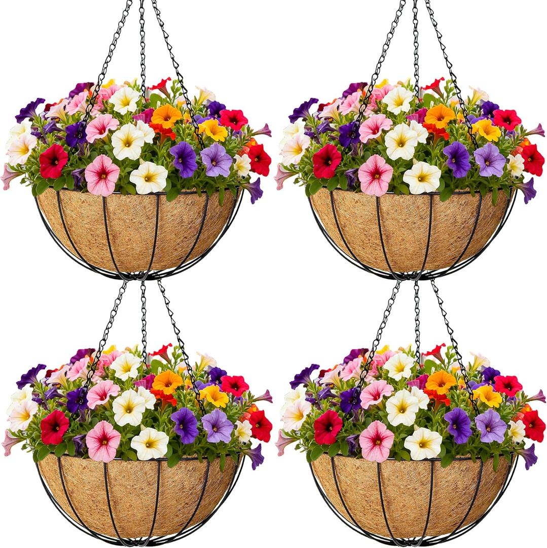 4 Pack Hanging Planters 12 Inch Metal Hanging Planter Basket Flower Pots with Coco Coir Liners Round Wire Plant Holder for Indoor Outdoor Patio Porch Garden Railings Decoration