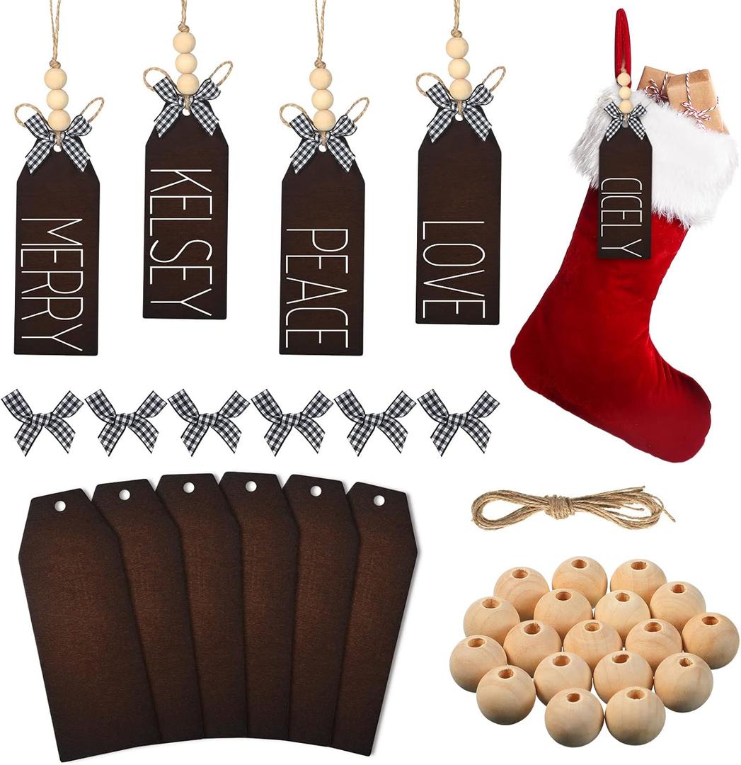 Jetec 6 Pieces Christmas Wood Stocking Name Tags DIY Stocking Signs Personalized Farmhouse Name Tag with Buffalo Check Bows for Christmas Closet Xmas Hanging Decoration (Dark Color)