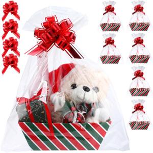 22 Pcs Christmas Basket for Gifts Empty Kit Include 6 Gift Basket Empty to Fill 6 Transparent Bags 10 Pull Bows Market Tray Favor for Thanksgiving Christmas Wedding Gift Package (Red Green Plaid)