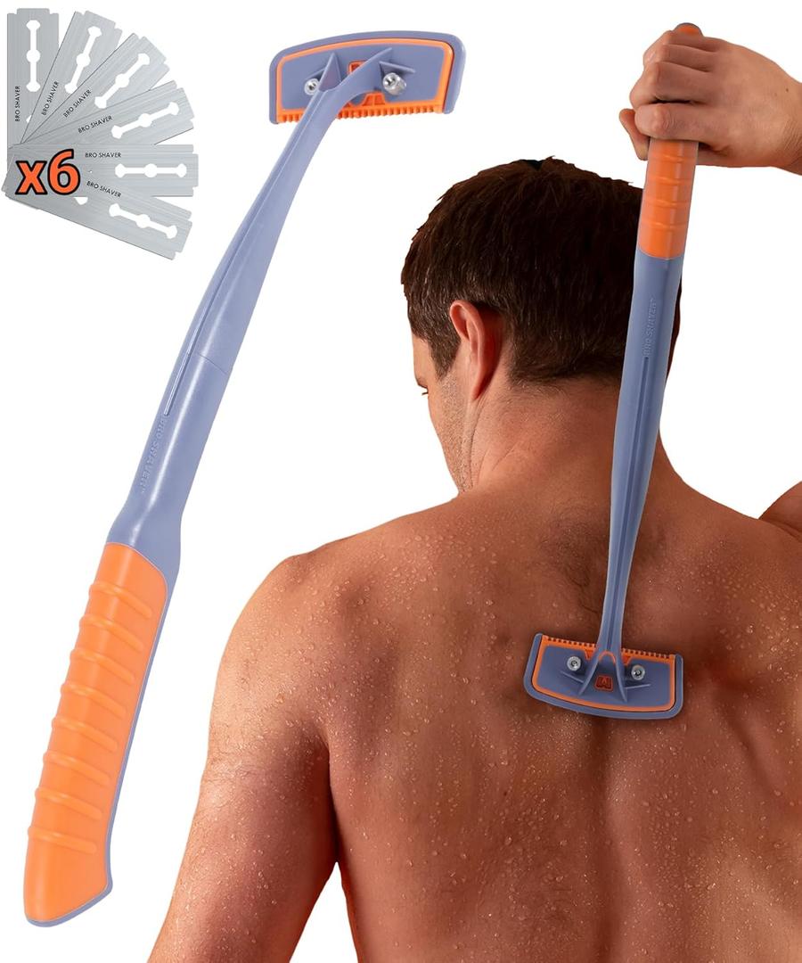 BRO SHAVER 3.0 +6 Blades, Back Shaver for Men (DIY) Back & Body Hair Trimmer. Shave Wet or Dry. Uses Double Edge Razor Blades. Ergonomic Handle, Includes Blades