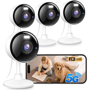 2K Cameras for Home Security, 5G & 2.4G WiFi Security Camera Indoor Outdoor for Baby Pet Dog Cat Nanny, 2-Way Audio, Color Night Vision, Siren, 24/7 Local Recording, IP65, Work with Alexa, K07-4P (White)
