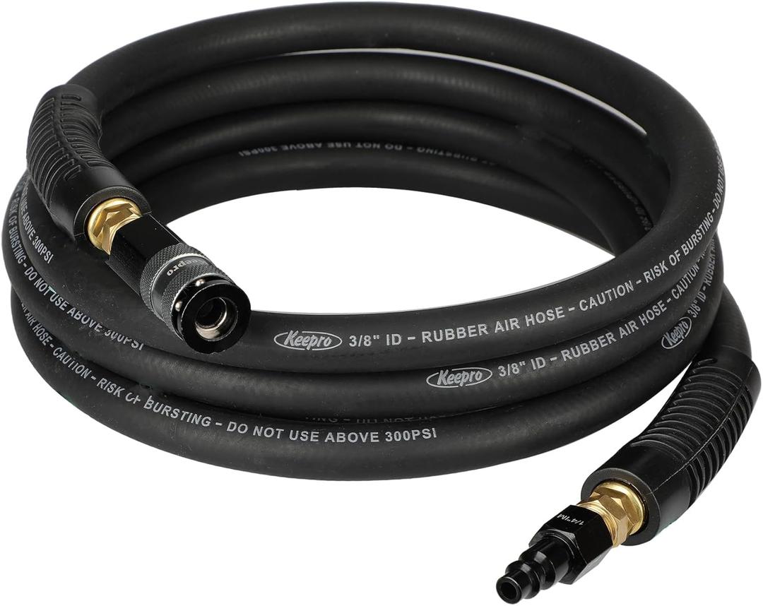 Keepro Rubber Air Hose, Durable Air Compressor Hose 3/8 Inch ID By 10 Feet Long with Swivel Universal Aluminium Quick Coupler and Plug, 300 PSI Maximum Pressure, Black