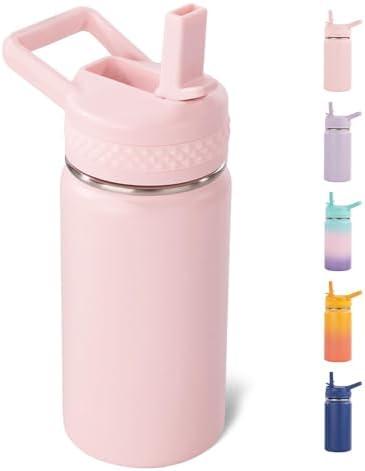 Fijinhom 12 oz Toddler Bottle, Kids Water Bottle for School Boys&Girls with Straws Lids, 304 Stainless Steel Vacuum Insulated Thermos, BPA-Free, Pink