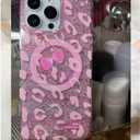 Magnetic Sparkly Phone Case Pink Girl, Glittery Leopard Print with Cherry/Cheetah Sparkle Cover with Bling Glitter Effect/Compatible with MagSafe iPhone 16 Pro Max, Fresh Pink