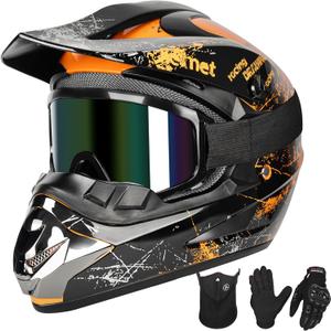 Youth Kids Motocross Helmet Full Face Motorcycle Dirt Bike Off-Road Mountain Bike BMX MX ATV Helmet with(Gloves Goggles Mask) 4Pcs Set - DOT Approved (Orange,M)