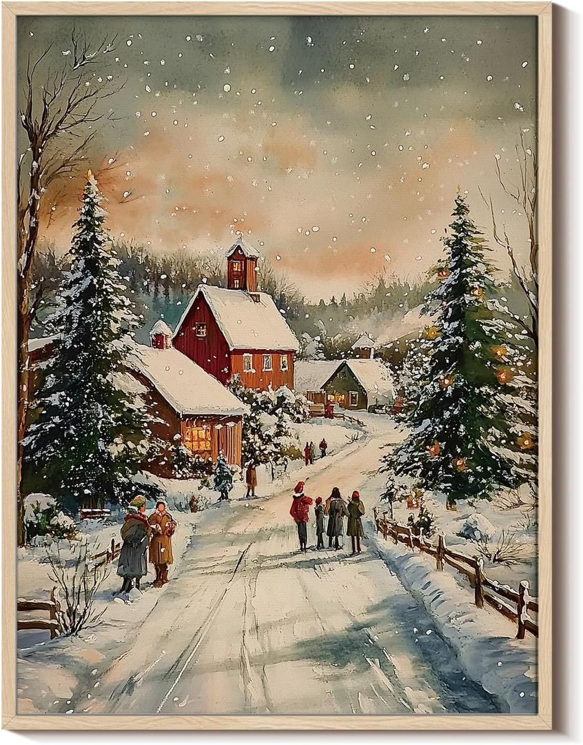 Vintage Winter Snowy Village Christmas Framed Canvas Wall Art, 12x16 Inch Cozy Family Walking Snow Road Landscape Painting, Rustic Farmhouse Living Room Bedroom Entryway Home Holiday Decor