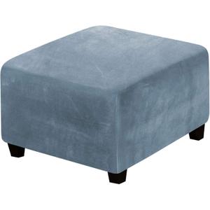 H.VERSAILTEX Square Ottoman Covers Ottoman Slipcover Square Footstool Protector Covers Storage Stool Ottoman Covers Stretch with Elastic Bottom, Feature Real Velvet Plush Fabric, Stone Blue (Medium)