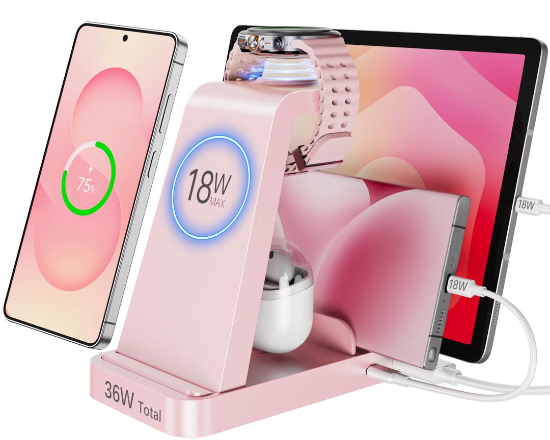 5 in 1 Wireless Charger for Samsung, Wireless Charging Station for Multiple Devices, Fast Charger Stand for Samsung Galaxy S26 Ultra S25 S24 S23 S22 Note 20 10 Z Fold 7 6 Galaxy Watch 7 6 5 Buds, Pink