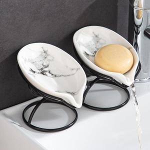 Leaf-Shaped Soap Dish  Ceramic Soap Bar Holder with Self-Drainage System  Bar Soap Holder for Shower, Bathroom Sink, Kitchen  Soap Dish with Stainless Steel Stand (White-Black-2 Pack)