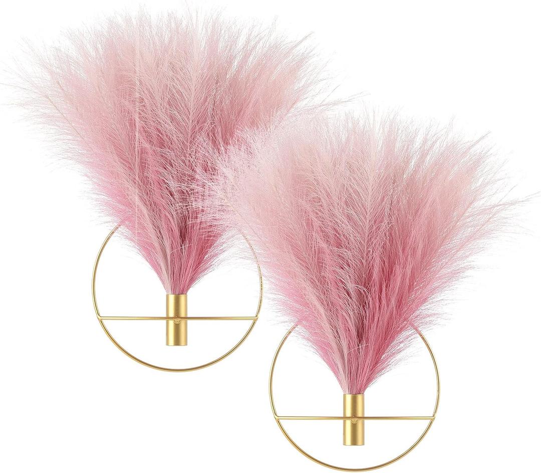 Pretty Jolly Boho Wall Decor, Wall-Mounted Metal Wall Decor, Hanging Artificial Pampas Display, Wall Art Living Room, Bedroom, Bathroom, Dining room, Plant Wall Decor 2 Pack Gold (S 7.8inch (Gold Ring), 06-Gradient-pink)