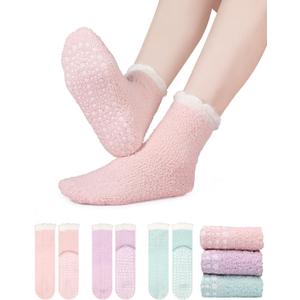 3 Pairs Slipper Fuzzy Socks for Women, Grippy Socks, Christmas Gifts & Stocking Stuffers, Warm Winter Gift (Non-slip Pink-purple-green)