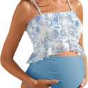 Summer Mae Maternity High Waist Swimsuit Ruffle Hem Bikini Bathing Suit Shirred Bandeau Two Piece Pregnancy Swimwear Blue Floral, X-Large