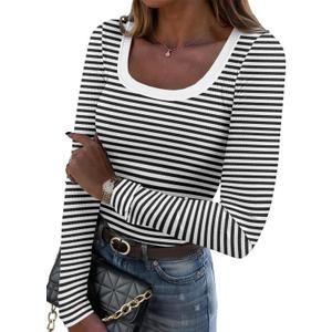 Zeagoo Women's Long Sleeve Scoop Neck Shirts Casual Slim Fit Rib Knit Tops Summer Fall Basic Business Work Tee (Medium, Black White Stripe)