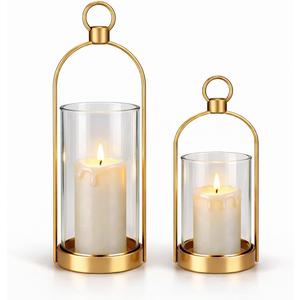 Gold Glass Candle Holder Set of 2, Modern Decorative Hurricane Candle Holders with Thick Glass Cylinder & Vintage Metal Frame for Table Centerpiece, Living Room, Shelf & Dining Table Decor